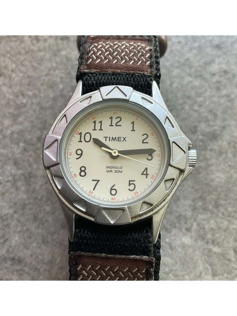 Timex Womens Watch 29mm Silver Tone Case White Indiglo Dial Nylon Band A14